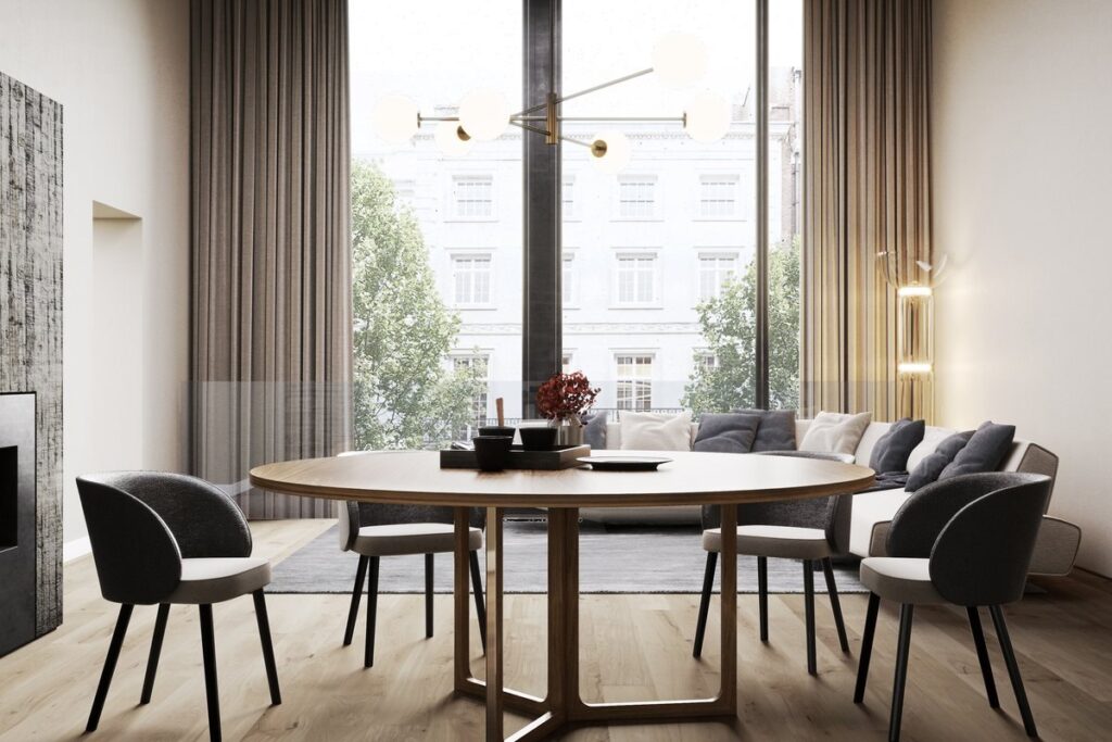 Sala da pranzo con pavimento in parquet di rovere